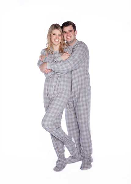 Checkered Grey Flannel Onesie Footed Pajamas For Adults Big Feet Onesie Footed Pajamas 